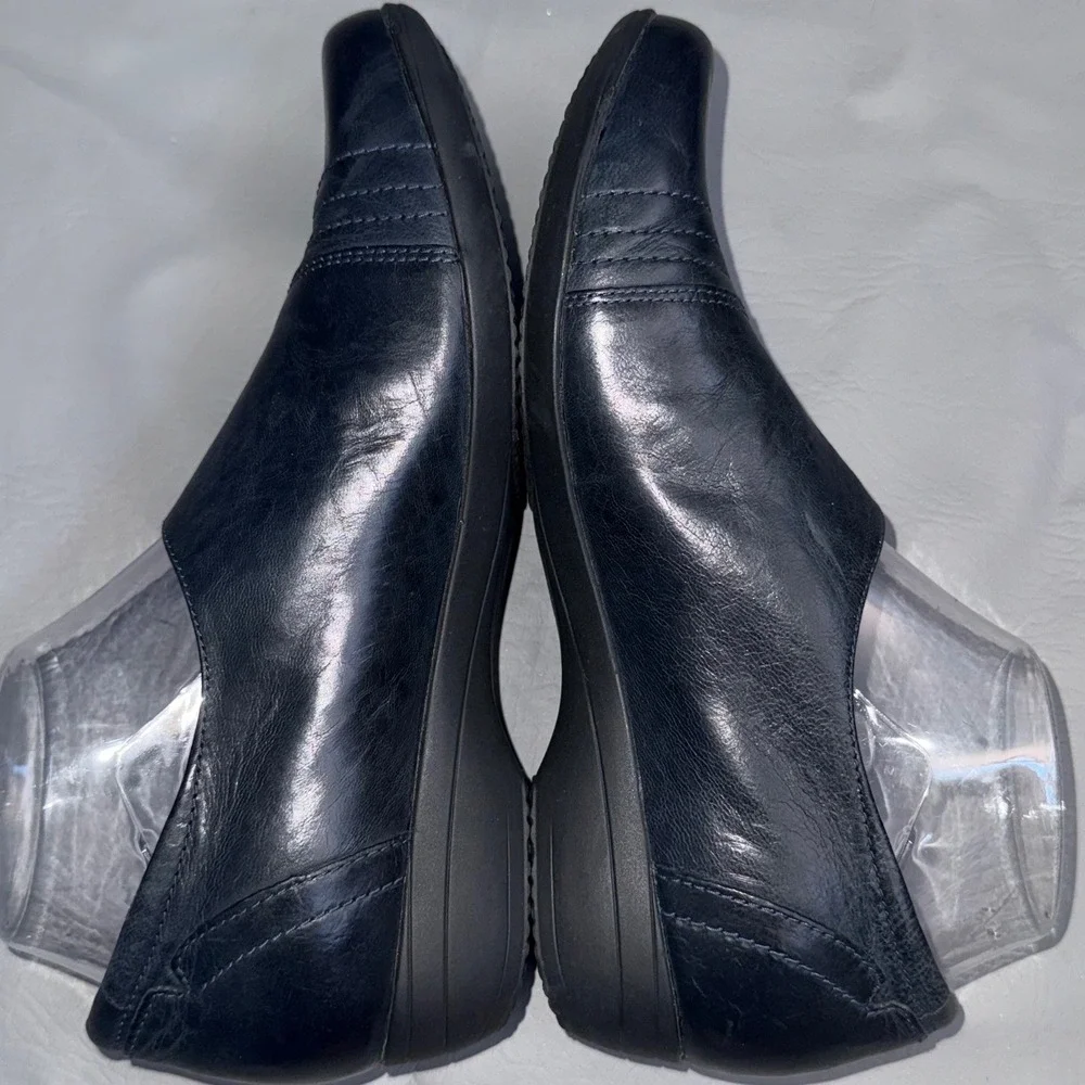 Dansko Black Leather Pleated Slip On Loafers‎ Velcro Closure Wedge Shoes 39